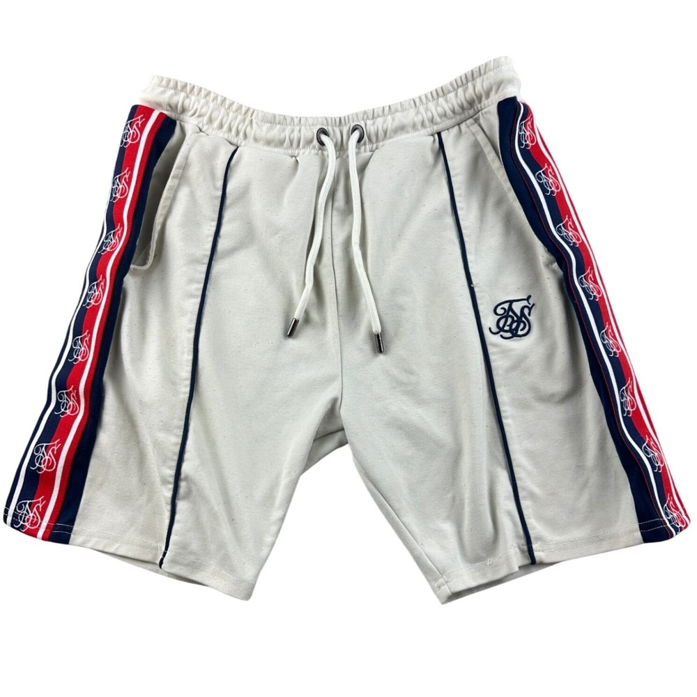 SikSilk Shorts‎ Men M Cream Navy Red Side Stripe Logo Monogram Embroidery